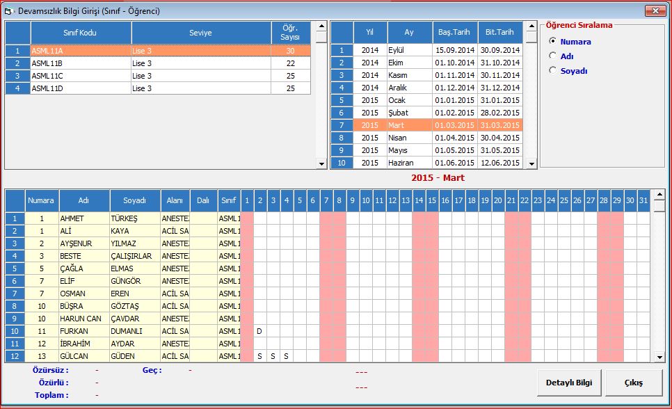 Sınıf Bazında Devamsızlık Girişi